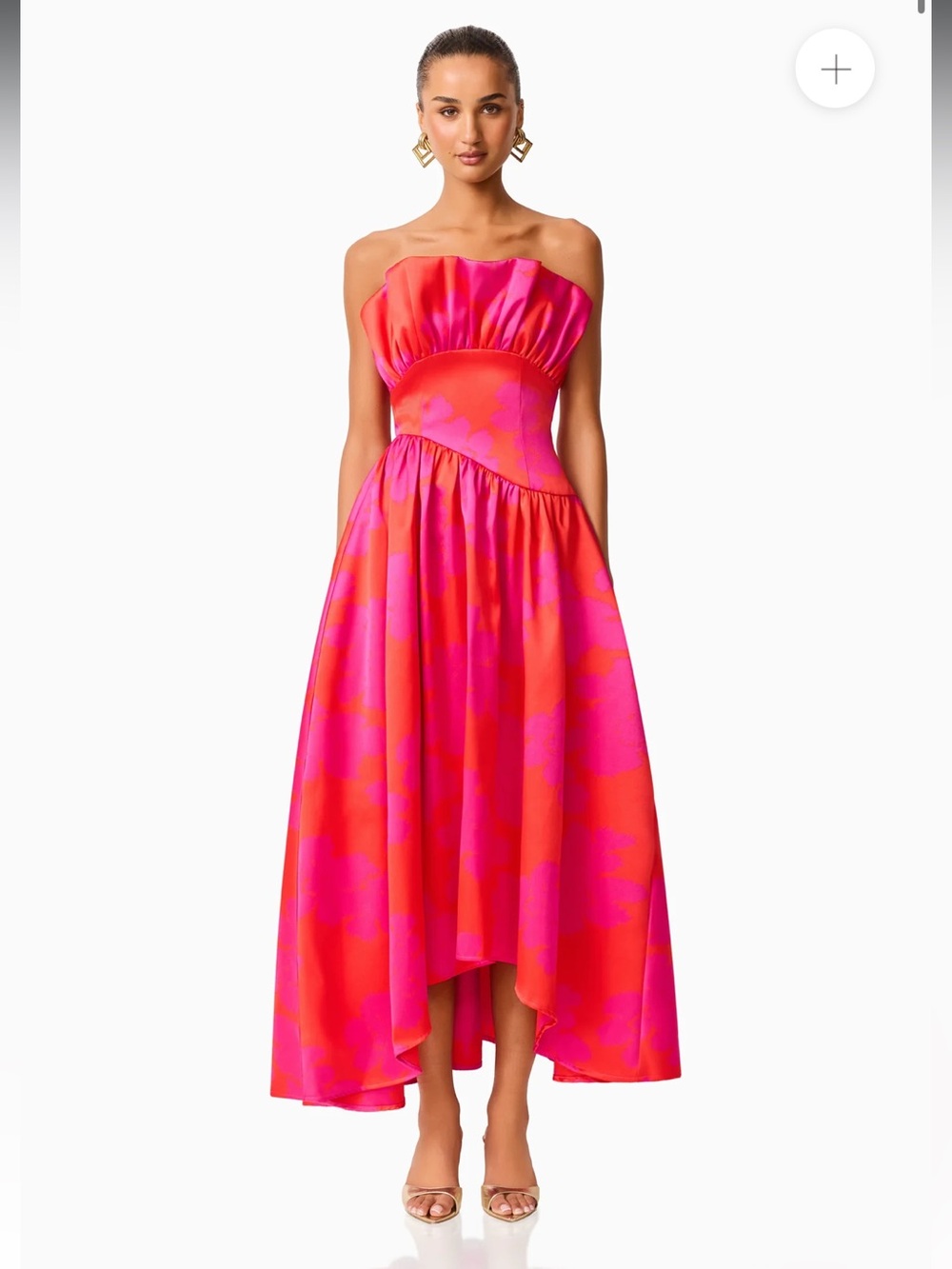 elliatt laurel pink & red floral print strapless ruffle maxi gown dress size XXS